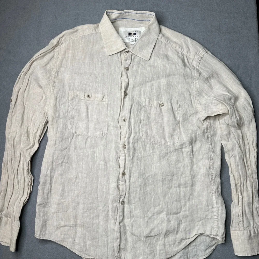 Joseph‎ Abboud Button Down Shirt Mens XL Beige 100% Linen Long Sleeve Pocket